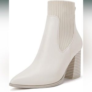 Coutgo Women Pointed Toe Ankle Boots Knit Sock Boot Chunky Block Stacked Mid